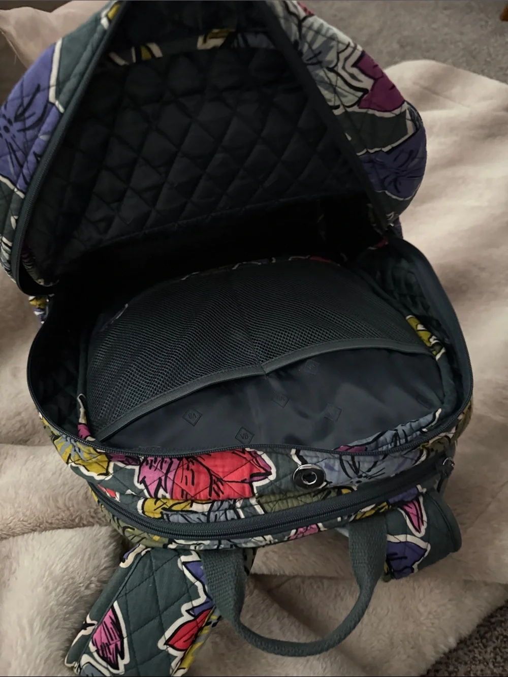 Vera Bradley Quilted Floral Backpack in Gray with Pink, Red, Purple Accents